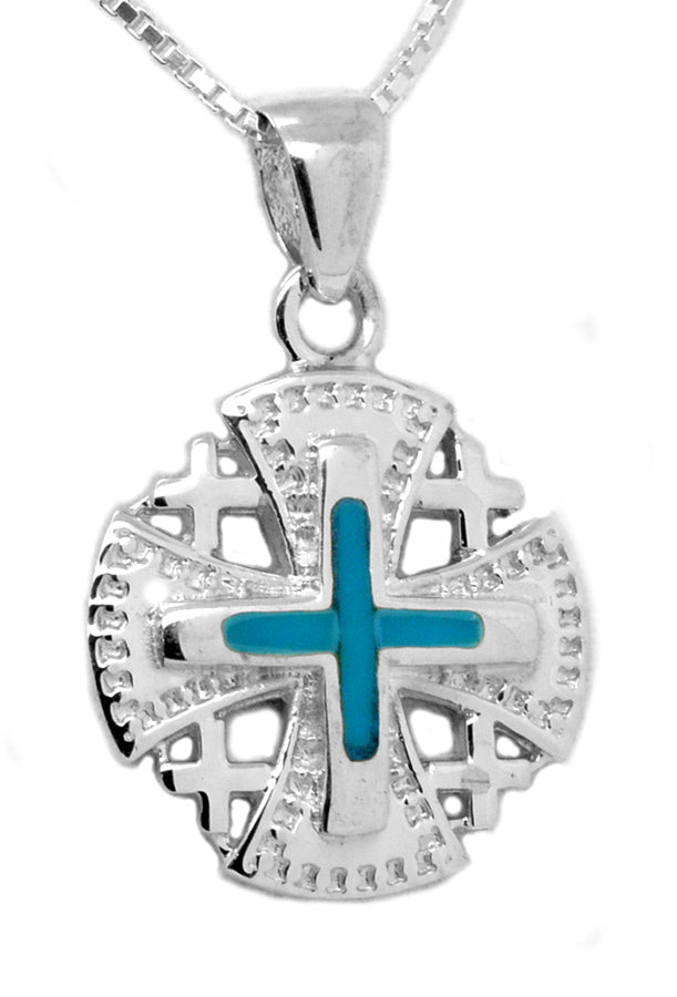Ornate Jerusalem Cross Turquoise Necklace Holyland Christian pendant from Israel
