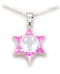 Pink 925 Silver Jewish star of David with cross messianic pendant 18" necklace