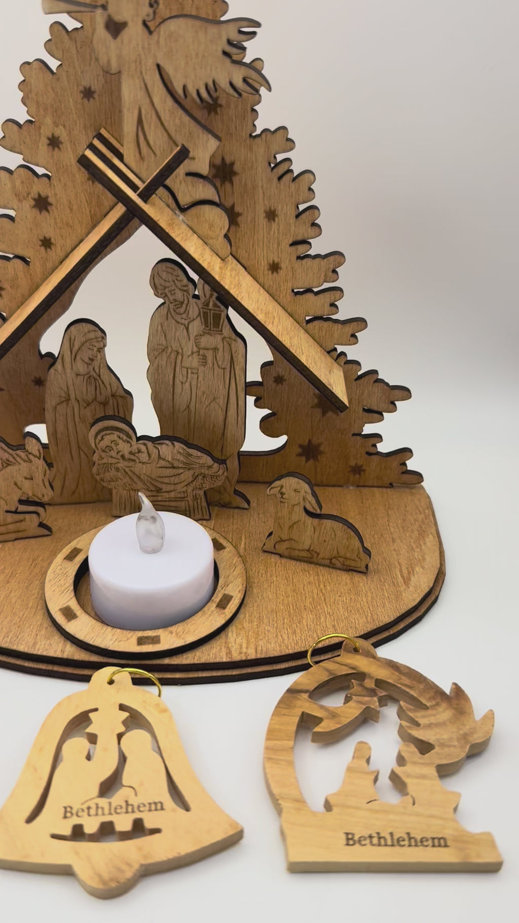 Nativity scene handmade from basswood and 3 olive wood ornaments from Bethlehem
