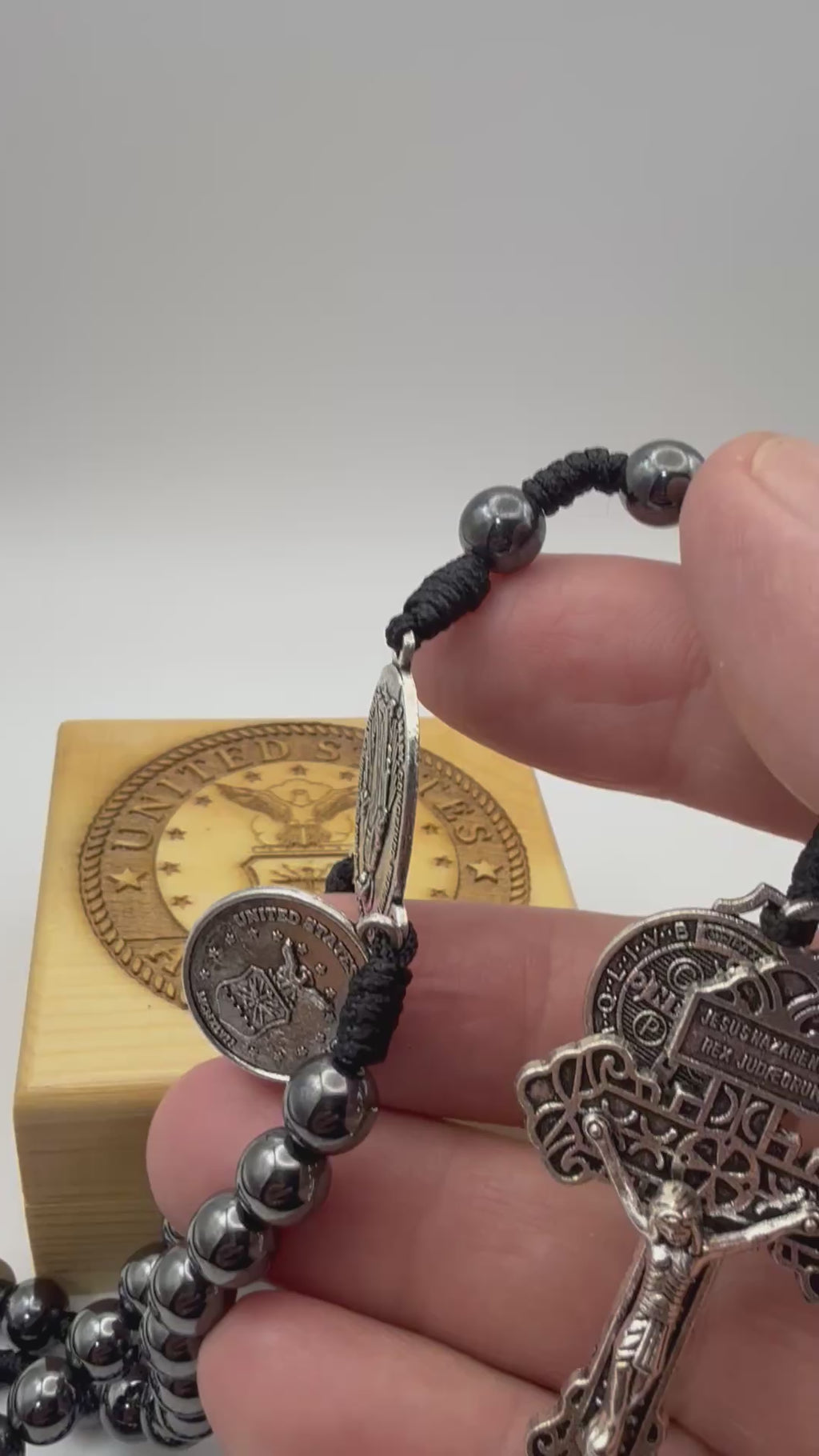 United States air force rosary beads with engraved wooden rosary box