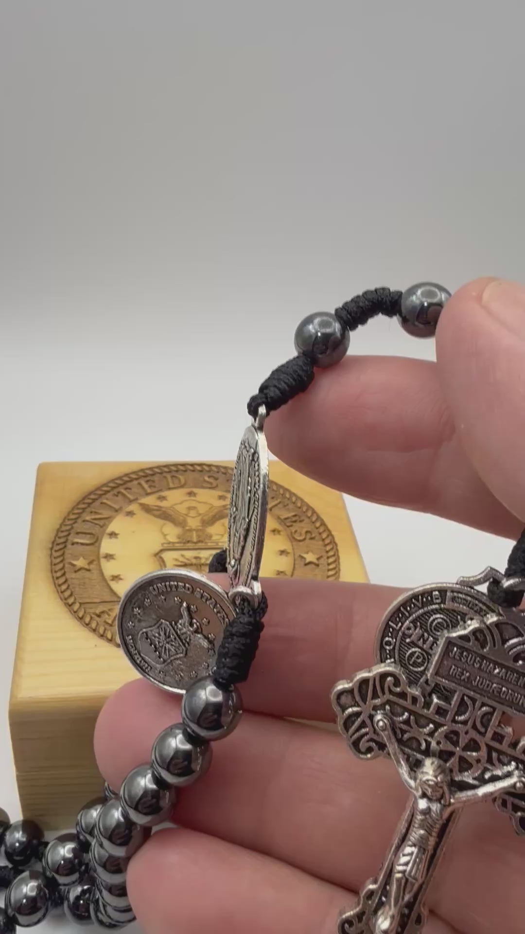 United States air force rosary beads with engraved wooden rosary box