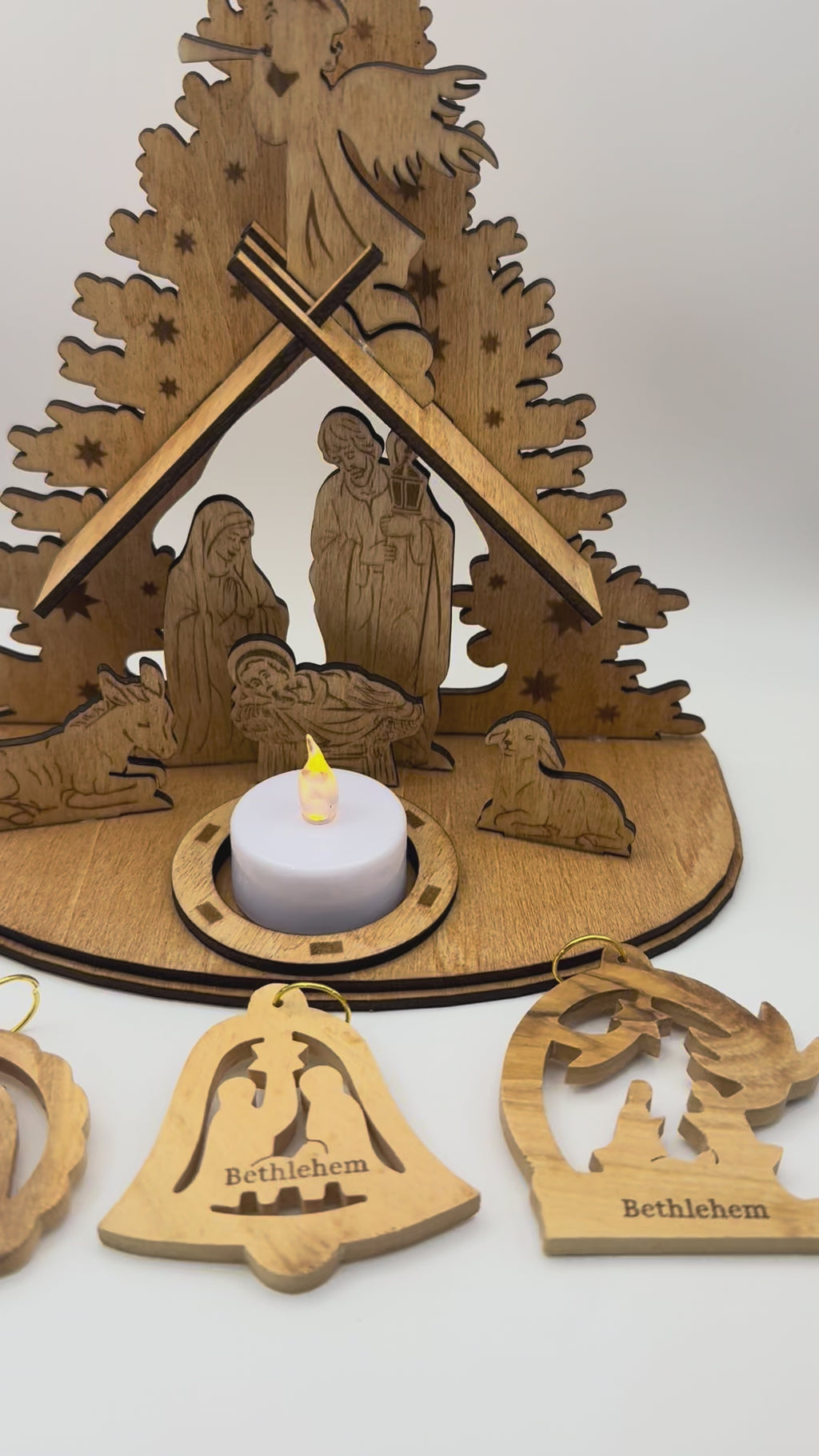 Nativity scene handmade from basswood and 3 olive wood ornaments from Bethlehem