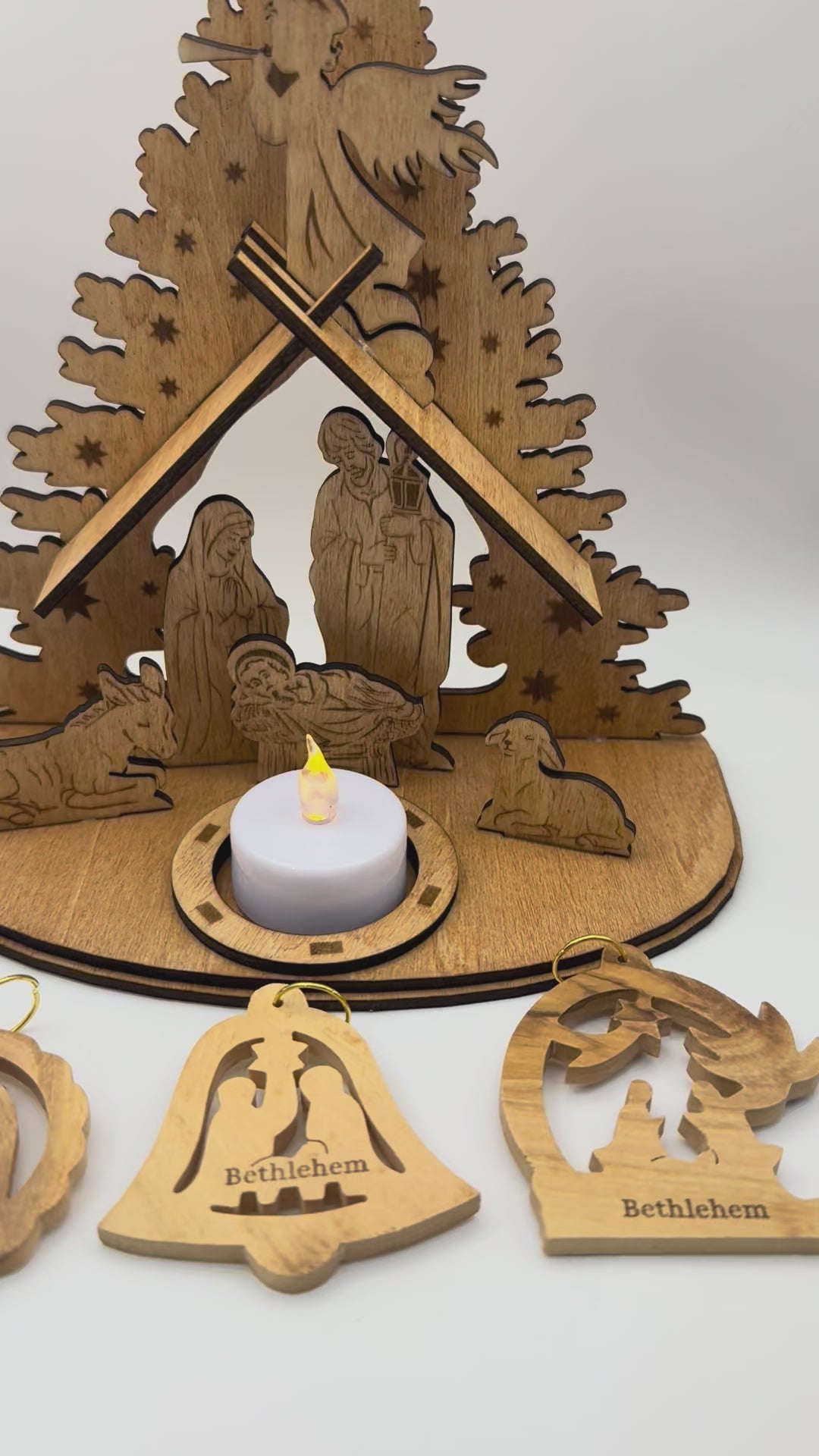 Nativity scene handmade from basswood and 3 olive wood ornaments from Bethlehem