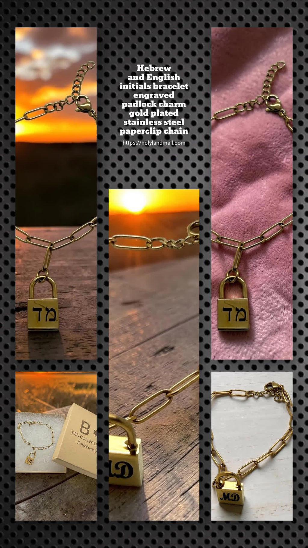 Hebrew and English initials bracelet engraved padlock charm gold plated stainless steel paperclip chain
