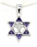Purple Sterling Silver Jewish star David cross messianic pendant 18" necklace