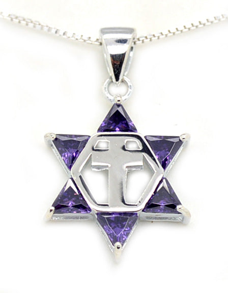 Purple Sterling Silver Jewish star David cross messianic pendant 18" necklace