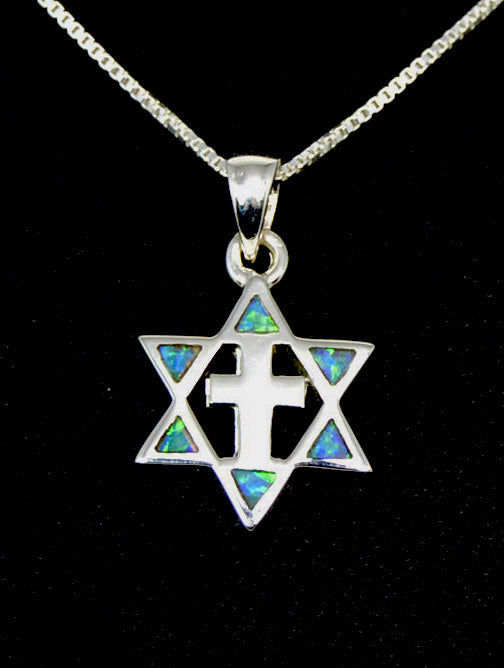 Star of David Cross Pendant Sterling silver with Opal Messianic Necklace from ISRAEL 1" / 24 MM
