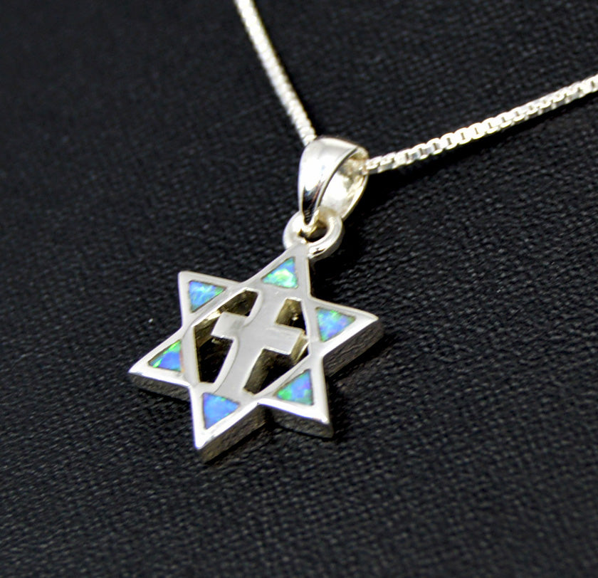 Star of David Cross Pendant Sterling silver with Opal Messianic Necklace from ISRAEL 1" / 24 MM