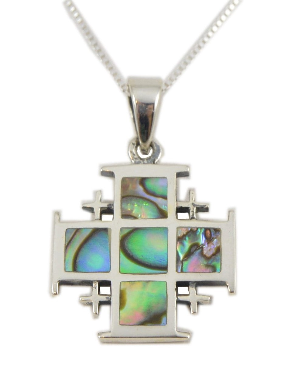 Sterling Silver Jerusalem Cross pendant 1" with Abalone Sea Shell with 18" silver necklace
